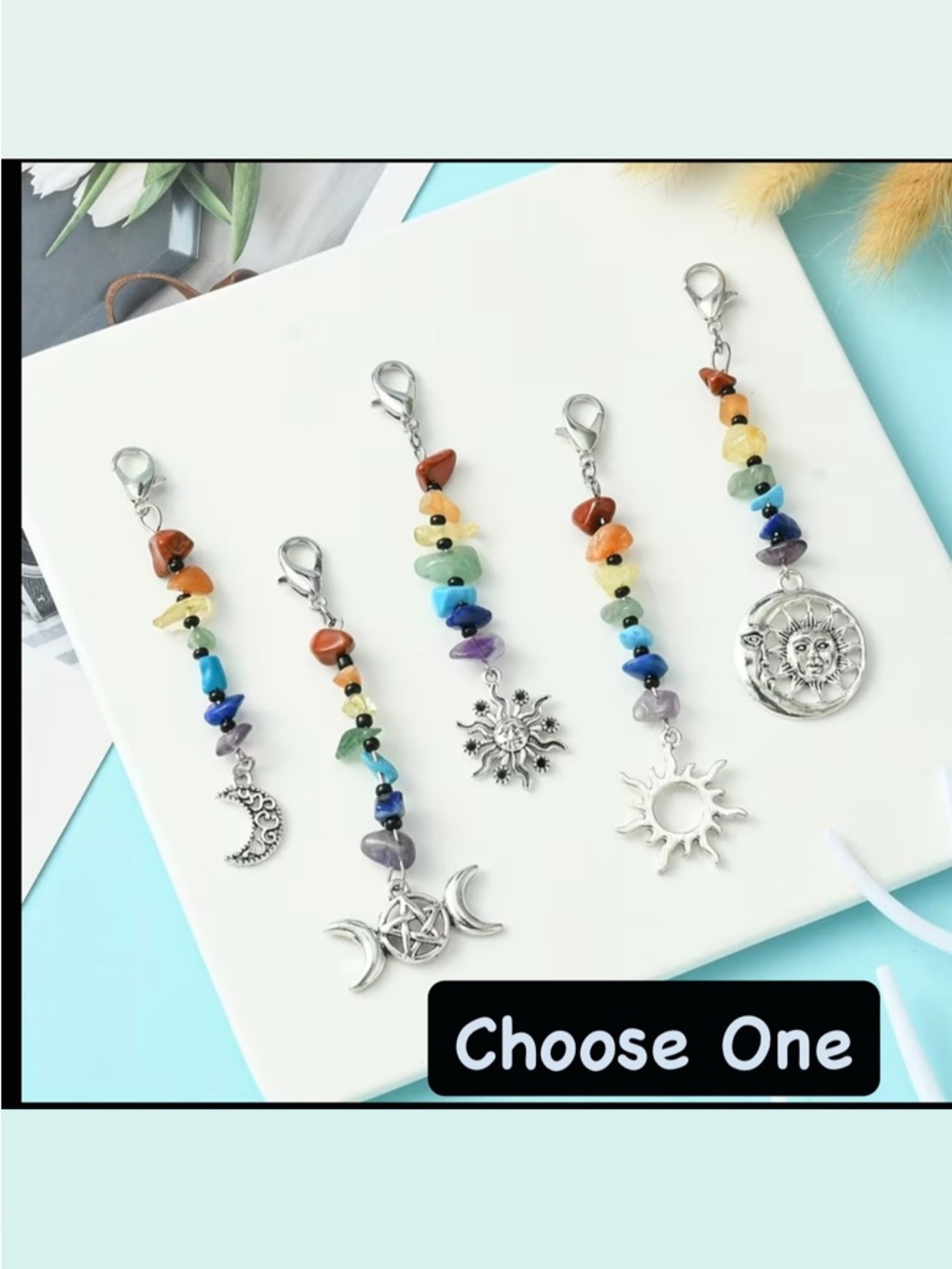 Rainbow Boho Chakra Beaded Gemstone Bagcharm with Sun & Moon Pendants Choose One